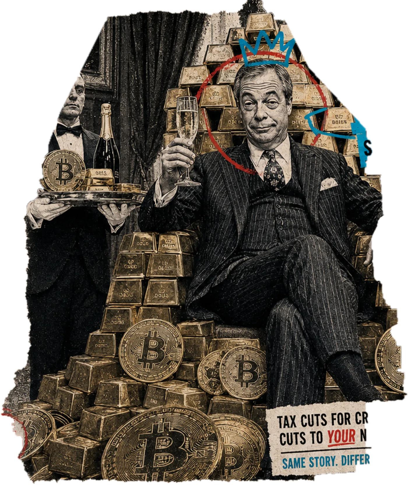 Satirical cutout: Nigel Farage seated among stacked cash, gold and cryptocurrency tokens while butlers attend.
