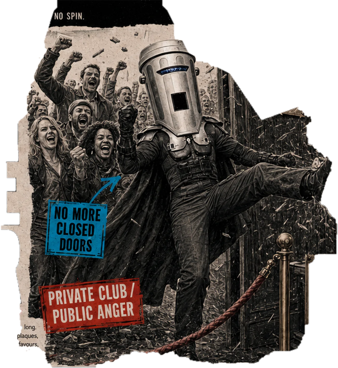 Satirical cutout: Count Binface kicks through the door of a private members’ club as a crowd surges behind him.