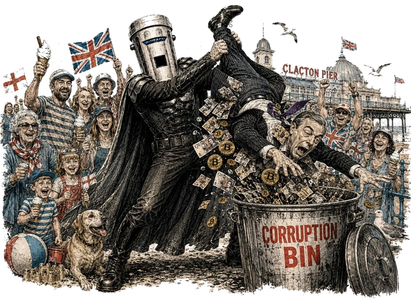 Satirical cutout: Count Binface throws Nigel Farage into a corruption bin on Clacton beach as a crowd cheers.
