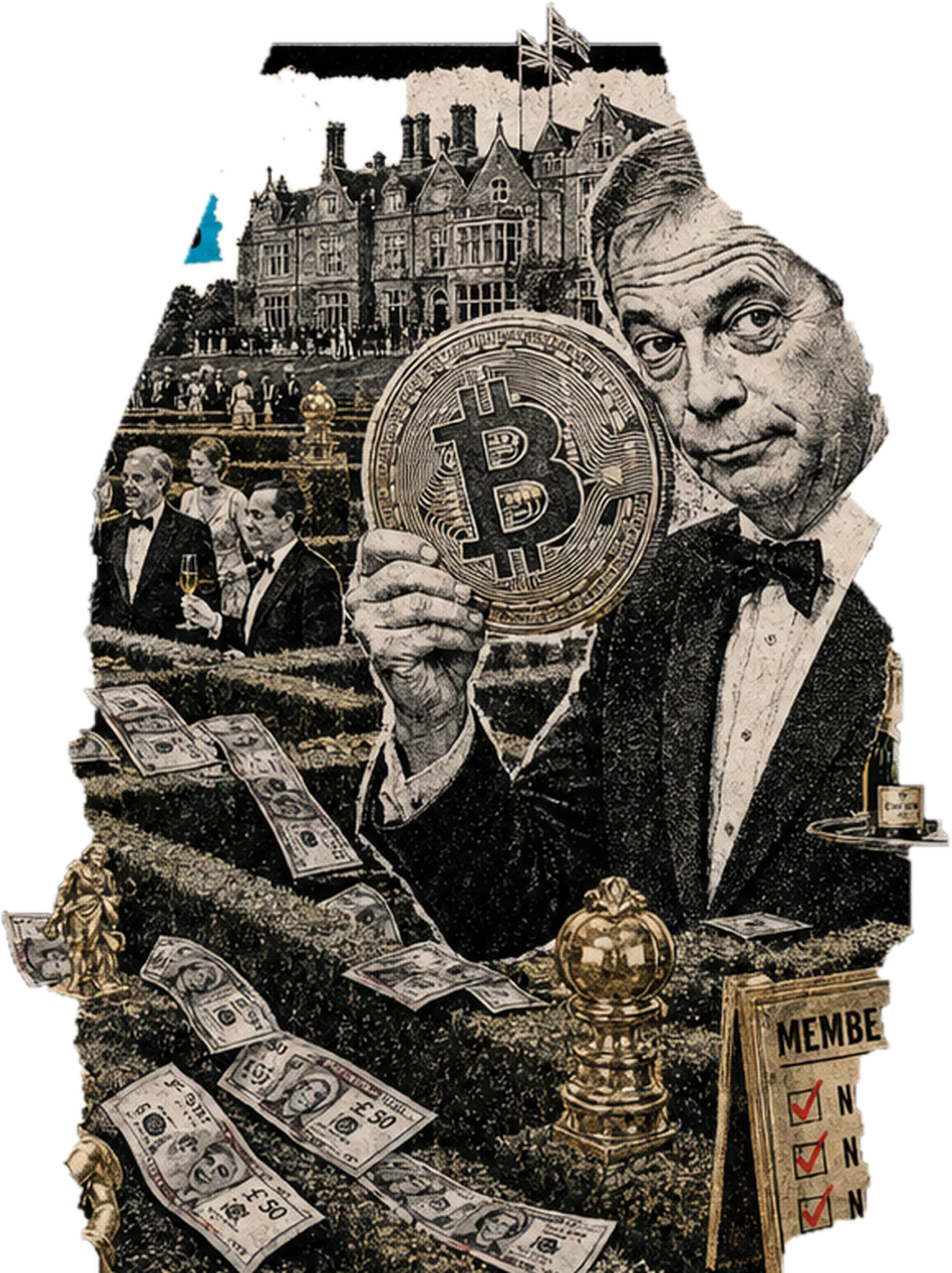 Satirical cutout: Nigel Farage holding a giant bitcoin token beside a members-only hedge maze littered with banknotes.