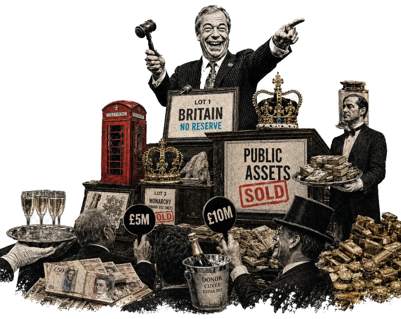 Satirical cutout: Nigel Farage as an auctioneer selling Britain and public assets, with a faded USA flag behind him.