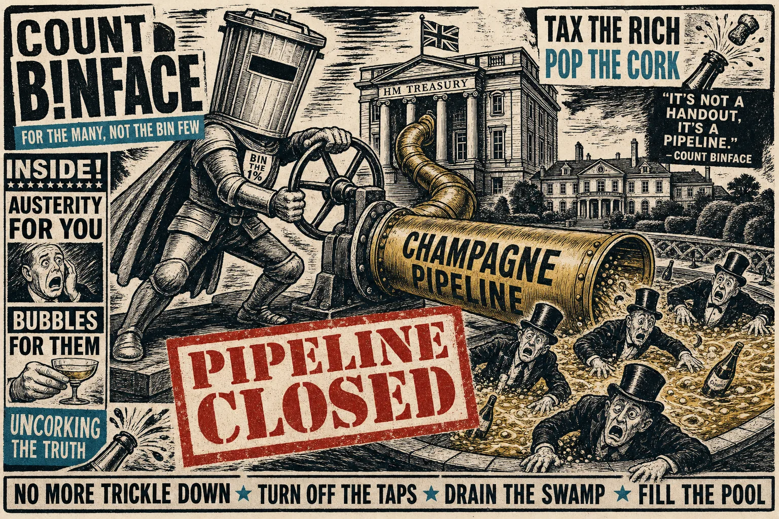 Satirical illustration: Binface Closes the Champagne Pipeline