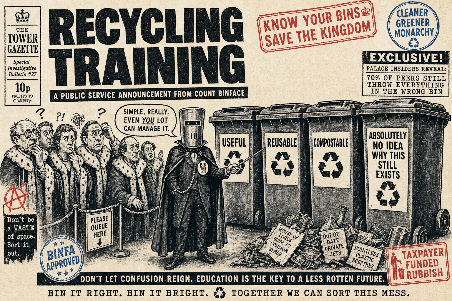 Satirical illustration: The Lords Get Recycling Training