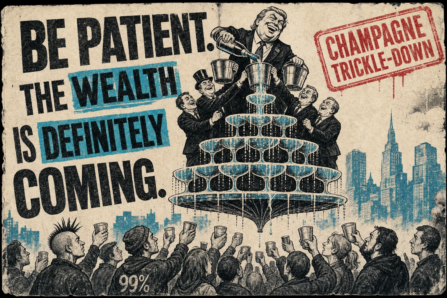 Satirical illustration: Champagne Trickle-Down Economics